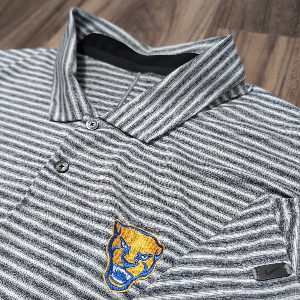Nike‎ Shirt Mens XL Gray Tiger Woods Dri Fit Polo Striped Stretch Cougar Logo